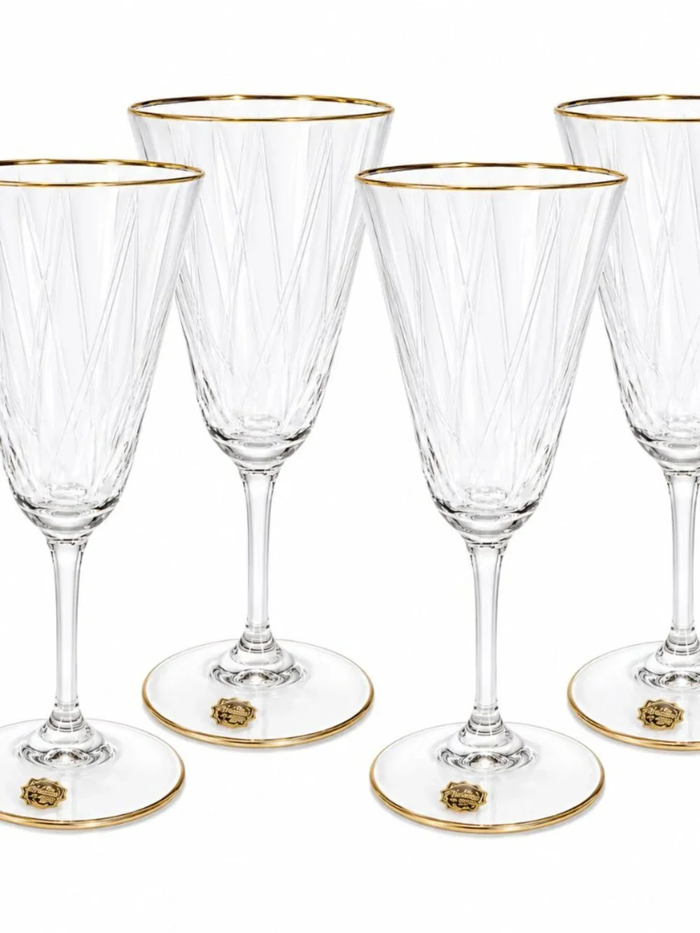 Set of 4 Gold-Trim Etched Crystal Wine Glasses